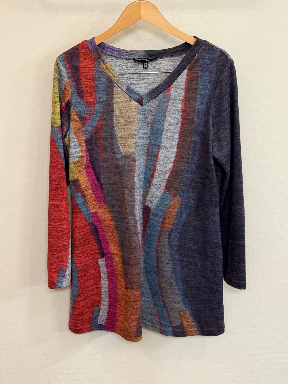 Claire Desjardins by Carré Noir Abstract Watercolor Knit V-Neck Tunic Top Large